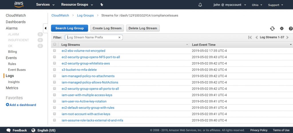 dash cloudwatch log streams